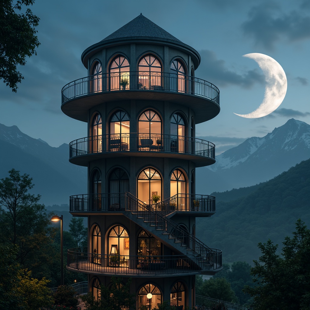 Prompt: Majestic watchtower, ancient stone walls, Gothic arches, stained glass windows, intricate ironwork, mystical lanterns, crescent moon, starry night sky, misty fog, rolling hills, lush greenery, winding staircases, ornate balconies, grandeur architecture, dramatic lighting, cinematic composition, high contrast, warm color tone, atmospheric effects, mysterious ambiance, mystical atmosphere.