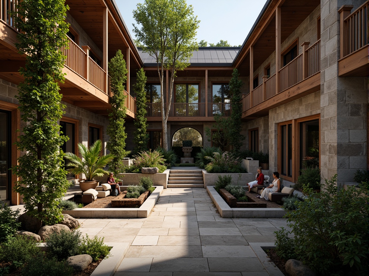 Prompt: Rustic wooden accents, distressed stone walls, rough-hewn brick facades, ornate metal railings, lavish fountain features, vibrant greenery installations, natural rock formations, earthy tones, warm ambient lighting, dramatic shadow play, 1/2 composition, shallow depth of field, realistic textures, ambient occlusion.