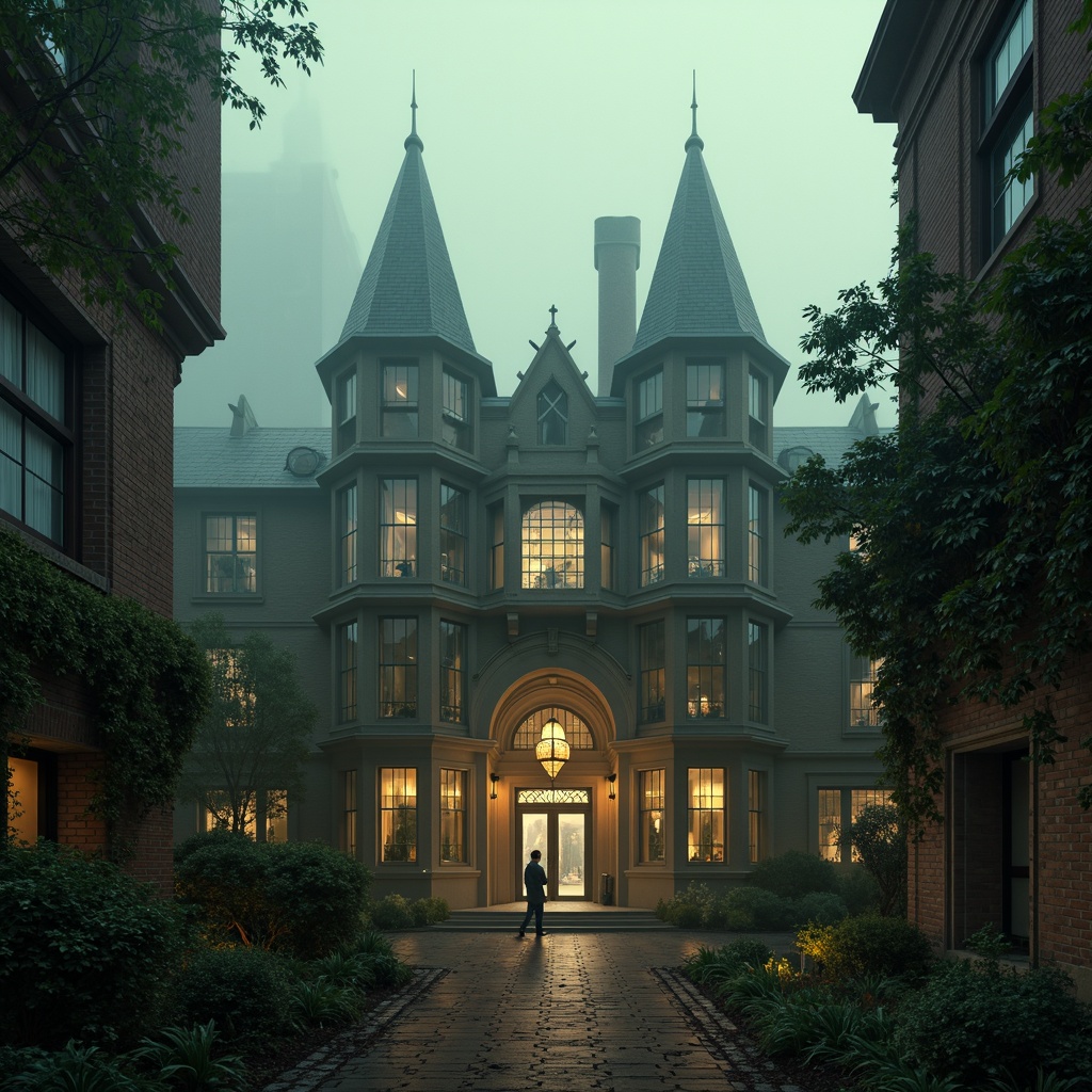 Prompt: Mystical towers, ancient stone walls, ivy-covered turrets, Gothic arches, stained glass windows, grandiose entrance gates, misty atmosphere, warm golden lighting, soft focus, atmospheric perspective, 1/2 composition, symmetrical framing, intricate architectural details, ornate decorations, mystical fog, eerie silence, mysterious ambiance, subtle color palette, cinematic mood.