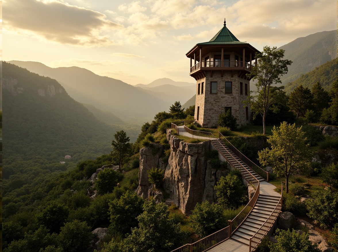 Prompt: Panoramic watchtower, rustic stone walls, wooden decks, lush green roofs, winding staircases, scenic overlooks, natural rock formations, rolling hills, serene forests, misty mountains, dramatic sunsets, warm golden lighting, soft focus effects, atmospheric perspective, 1/2 composition, cinematic views, realistic foliage, ambient occlusion.