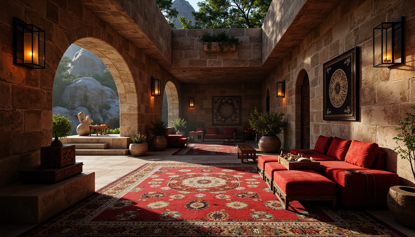 Prompt: Richly textured stone walls, intricately patterned wooden floors, vibrant colorful rugs, ornate metal fixtures, luxurious velvet upholstery, rugged natural rock formations, softly glowing lanterns, dramatic shadows, warm ambient lighting, 1/1 composition, realistic material rendering, detailed normal maps, subtle specular highlights.