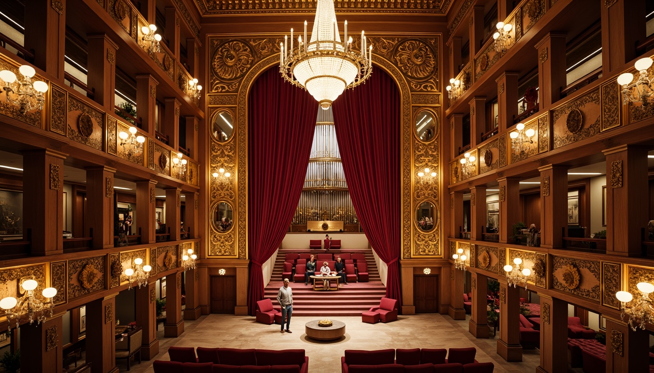 Prompt: Grand concert hall, ornate chandeliers, velvet curtains, intricately carved wooden paneling, gilded accents, marble flooring, sweeping staircases, lavish balconies, red plush seating, antique instruments displays, ornamental mirrors, crystal sconces, symmetrical composition, warm golden lighting, soft focus, shallow depth of field, 2/3 rule of thirds, elegant textures, subtle ambient occlusion.