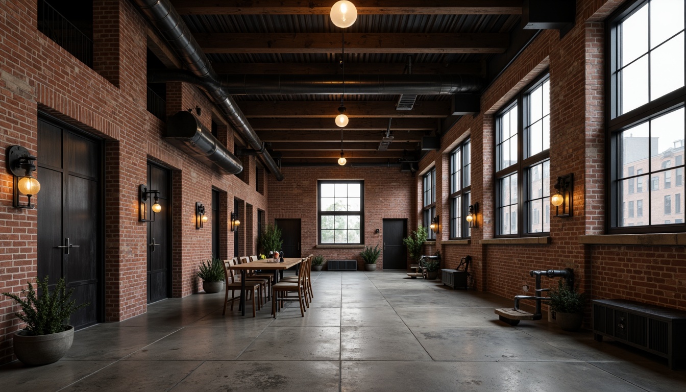 Prompt: Rustic industrial heritage building, exposed brick walls, metal beams, reclaimed wood accents, urban cityscape, concrete floors, steel windows, minimalist decor, functional pipes, vintage machinery, Edison bulb lighting, distressed textures, moody atmosphere, low-key colors, cinematic composition, high contrast ratio, dramatic shadows, 1/2 composition, atmospheric perspective.