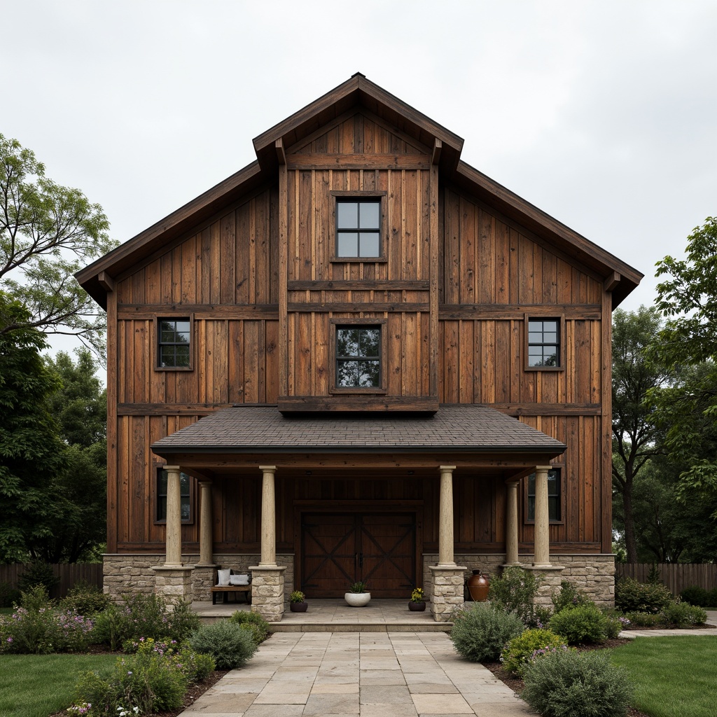 Prompt: Rustic barn, Neoclassical facade, distressed wood textures, vintage metal accents, symmetrical composition, grand entrance, ornate details, classical columns, pediments, and arches, warm earthy tones, natural stone foundations, lush greenery, overcast sky, soft diffused lighting, 1/1 composition, realistic weathering effects, subtle ambient occlusion.