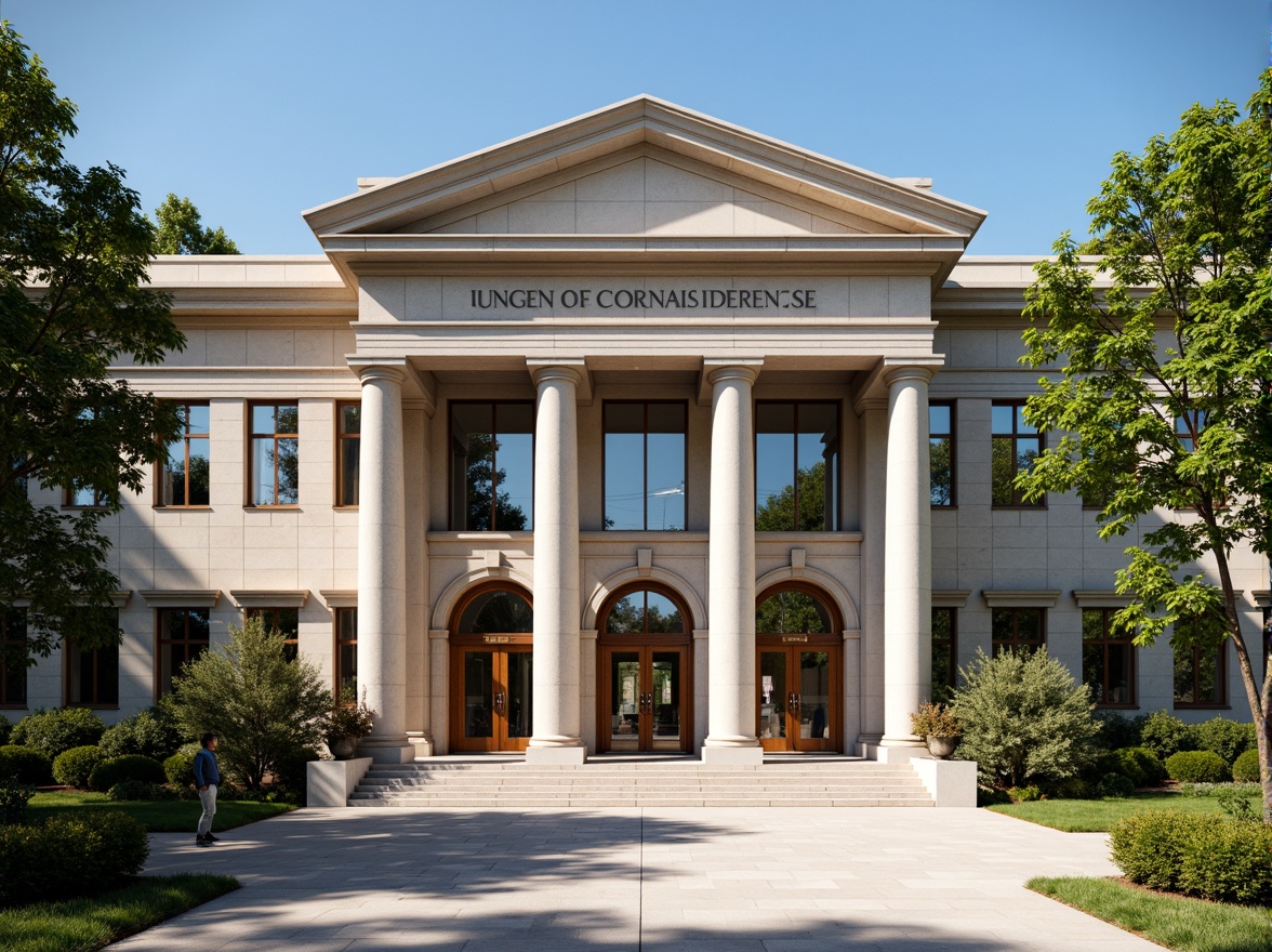 Prompt: Grandiose courthouse entrance, imposing stone columns, ornate bronze doors, majestic archways, intricate carvings, symmetrical facade, neoclassical architecture, high-contrast lighting, dramatic shadows, detailed moldings, rich wood tones, solemn atmosphere, formal landscaping, manicured lawns, stately trees, clear blue sky, warm sunny day, shallow depth of field, central composition, realistic textures, ambient occlusion.