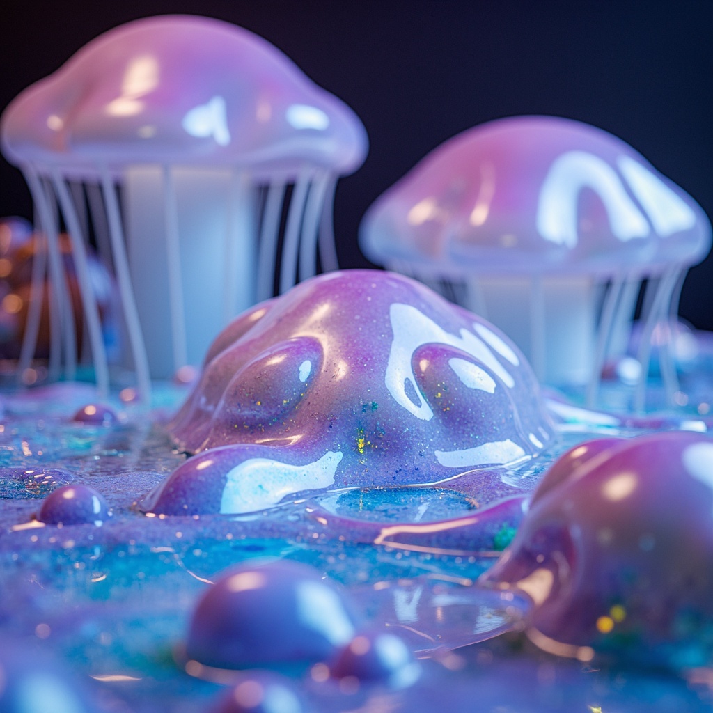 Prompt: Organic blob-like structures, translucent membranes, iridescent colors, soft luminescence, jellyfish-inspired forms, fluid dynamics, viscous materials, transparent acrylic surfaces, refractive indices, gradient effects, undulating patterns, amoeba-shaped modules, bio-inspired architecture, futuristic aesthetic, neon-lit ambiance, 3D printing techniques, parametric design tools, algorithmic generation methods, ambient occlusion, realistic renderings, shallow depth of field, 1/1 composition.