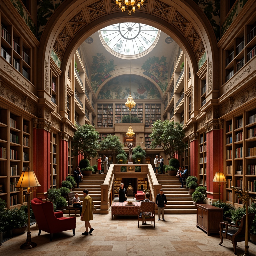 Prompt: Richly ornamented library, grand staircase, sweeping arches, ornate moldings, warm golden lighting, cozy reading nooks, plush velvet armchairs, wooden bookshelves, vintage leather-bound books, intricate stone carvings, dramatic high ceilings, lavish chandeliers, bold red accent walls, soft beige marble floors, elegant bronze fixtures, mystical forest-inspired wallpaper, whimsical fantastical illustrations, mysterious ancient tomes, atmospheric misty day, cinematic 3/4 composition, vivid color contrast, detailed textures, subtle depth of field.