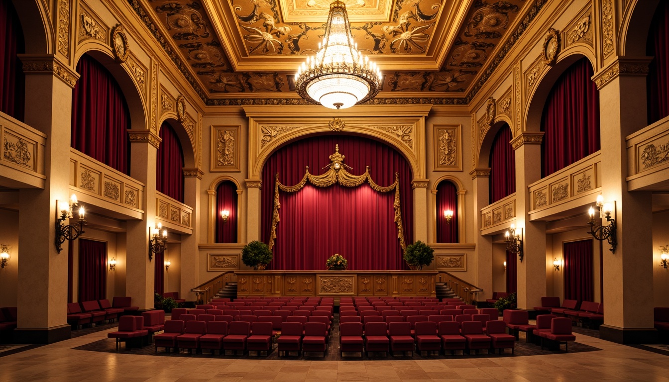 Prompt: Richly ornate auditorium, Renaissance Revival style, grand chandelier, red velvet curtains, intricately carved wooden panels, golden leaf accents, ornamental plaster ceiling, decorative moldings, polished marble floors, luxurious silk fabrics, warm beige walls, antique bronze hardware, crystal sconces, soft diffused lighting, 1/2 composition, shallow depth of field, realistic textures, ambient occlusion.