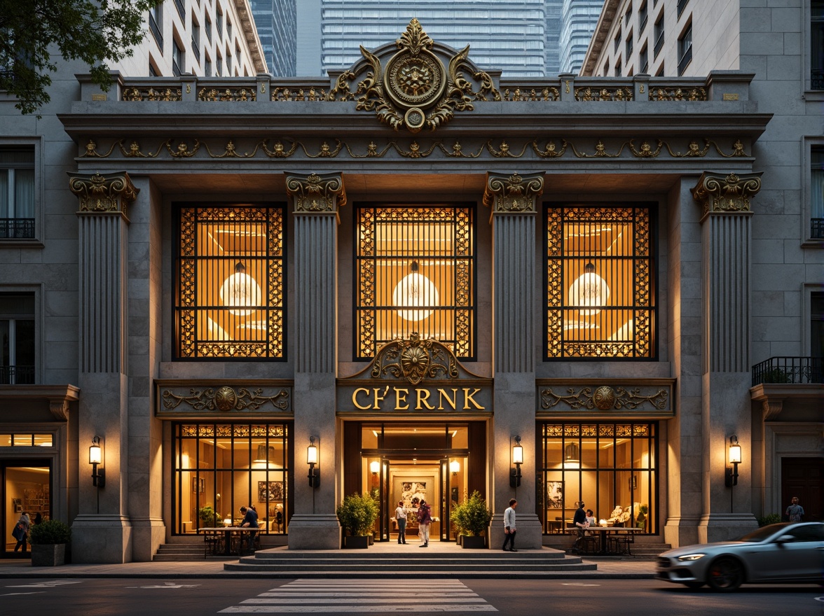 Prompt: Grandiose bank building, ornate Art Deco facade, geometric patterns, metallic accents, luxurious materials, marble columns, grand entrance, symmetrical composition, intricate stone carvings, bold typography, metallic signage, warm golden lighting, shallow depth of field, 1/1 composition, realistic textures, ambient occlusion.