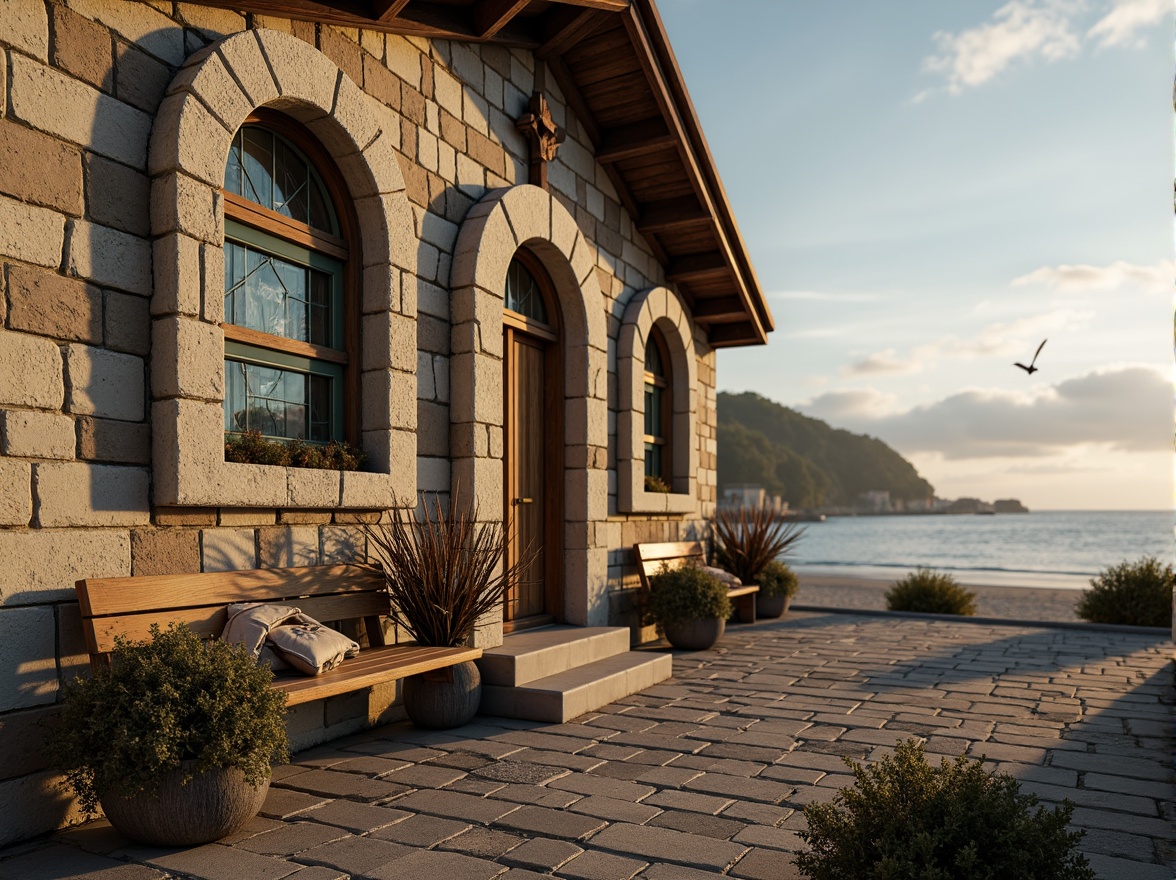 Prompt: Rustic coastal church, weathered stone walls, wooden accents, stained glass windows, ornate facades, wave-inspired arches, driftwood decorations, sandy beach surroundings, seagull silhouettes, misty ocean views, soft warm lighting, shallow depth of field, 1/1 composition, realistic textures, ambient occlusion, subtle color grading.