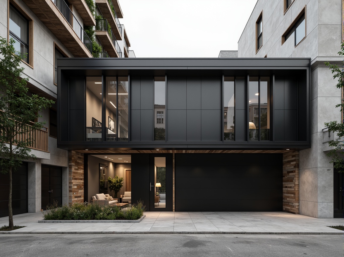 Prompt: Monochromatic building facade, clean lines, minimal ornamentation, large windows, sliding glass doors, polished concrete floors, matte black accents, natural stone walls, industrial metal beams, reclaimed wood textures, subtle color palette, high-contrast lighting, dramatic shadows, 1/1 composition, symmetrical framing, stark simplicity, urban cityscape, overcast skies, soft diffused light, realistic renderings.