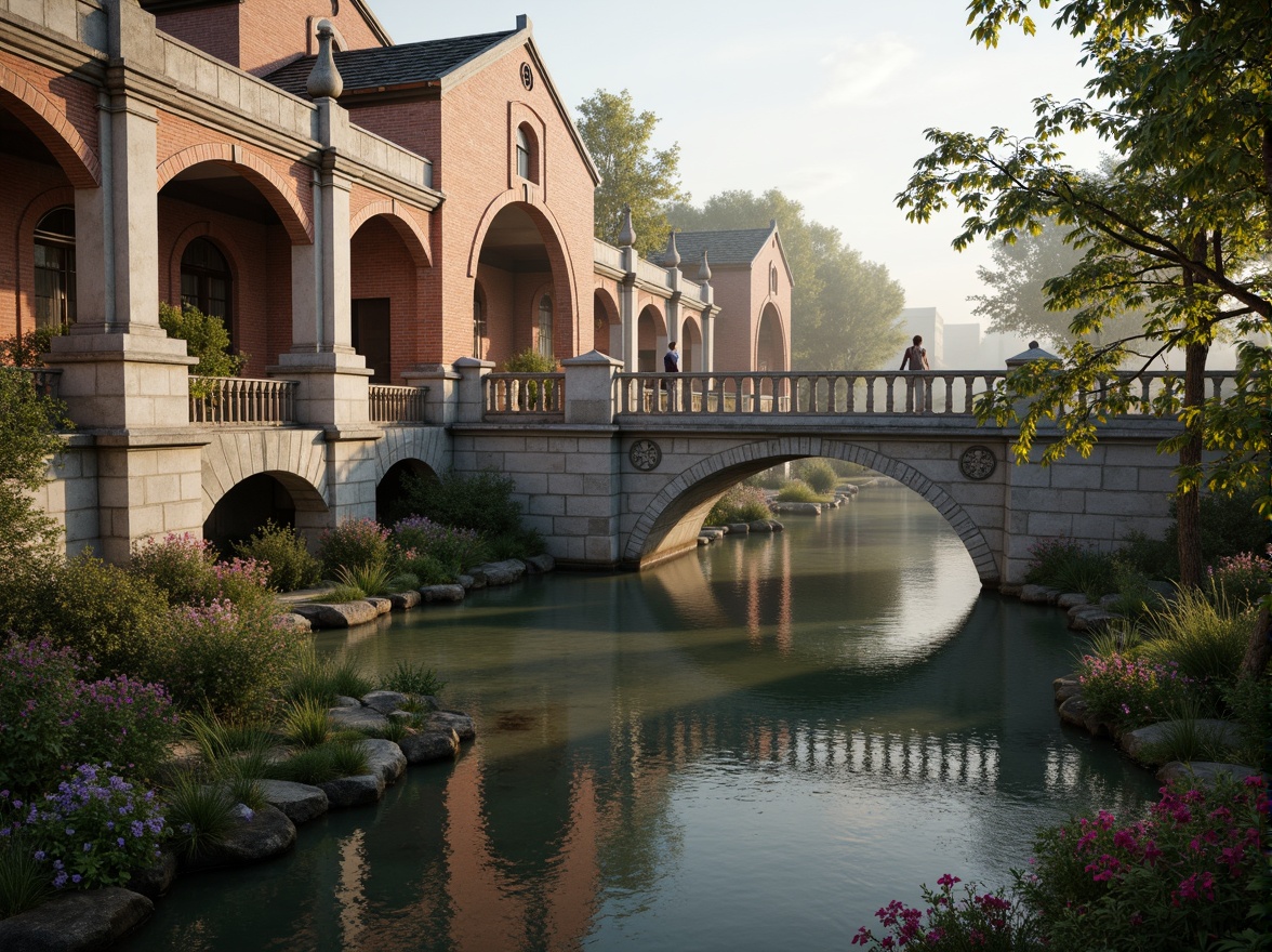 Prompt: Majestic bridge, Byzantine arches, ornate stone carvings, grandiose pillars, rustic brick facades, meandering river, serene water reflections, lush greenery, vibrant flowers, misty morning, soft warm lighting, shallow depth of field, 1/1 composition, realistic textures, ambient occlusion.