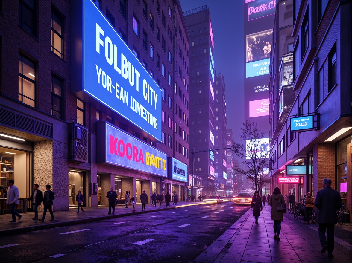 Prompt: Vibrant cityscape, neon lights, futuristic skyscrapers, metallic accents, bold typography, electric blue hues, hot pink highlights, sunny yellow tones, deep purple shades, iridescent finishes, glossy reflections, high-contrast colors, 3D modeling, atmospheric lighting, cinematic composition, dramatic shadows, rich textures, abstract patterns, geometric shapes.