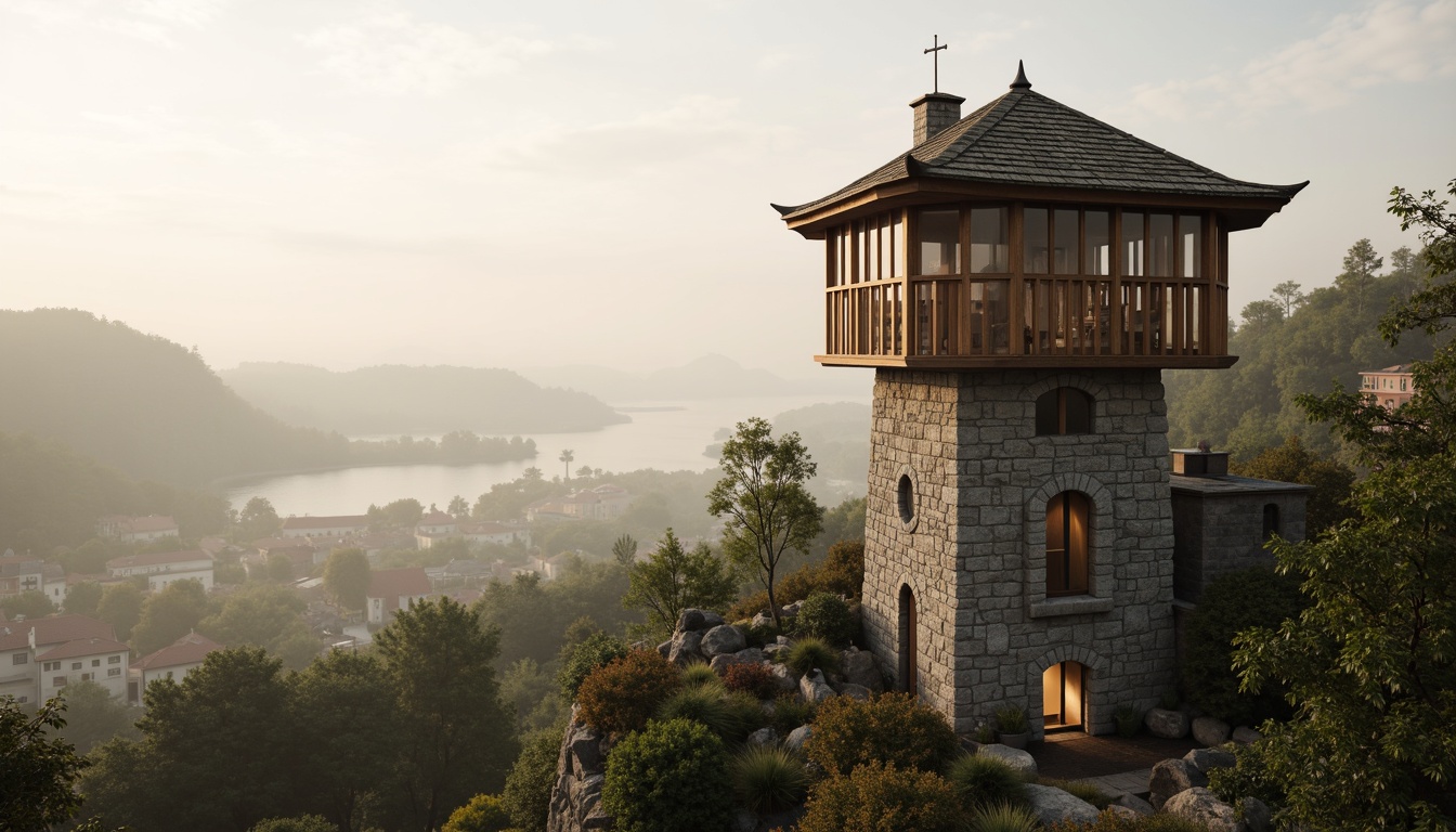 Prompt: Elegant watching tower, slender silhouettes, rustic stone walls, wooden accents, curved lines, minimal ornamentation, earthy color palette, moss-covered roofs, panoramic views, serene natural surroundings, misty mornings, soft warm lighting, shallow depth of field, 3/4 composition, atmospheric perspective, realistic textures, ambient occlusion.