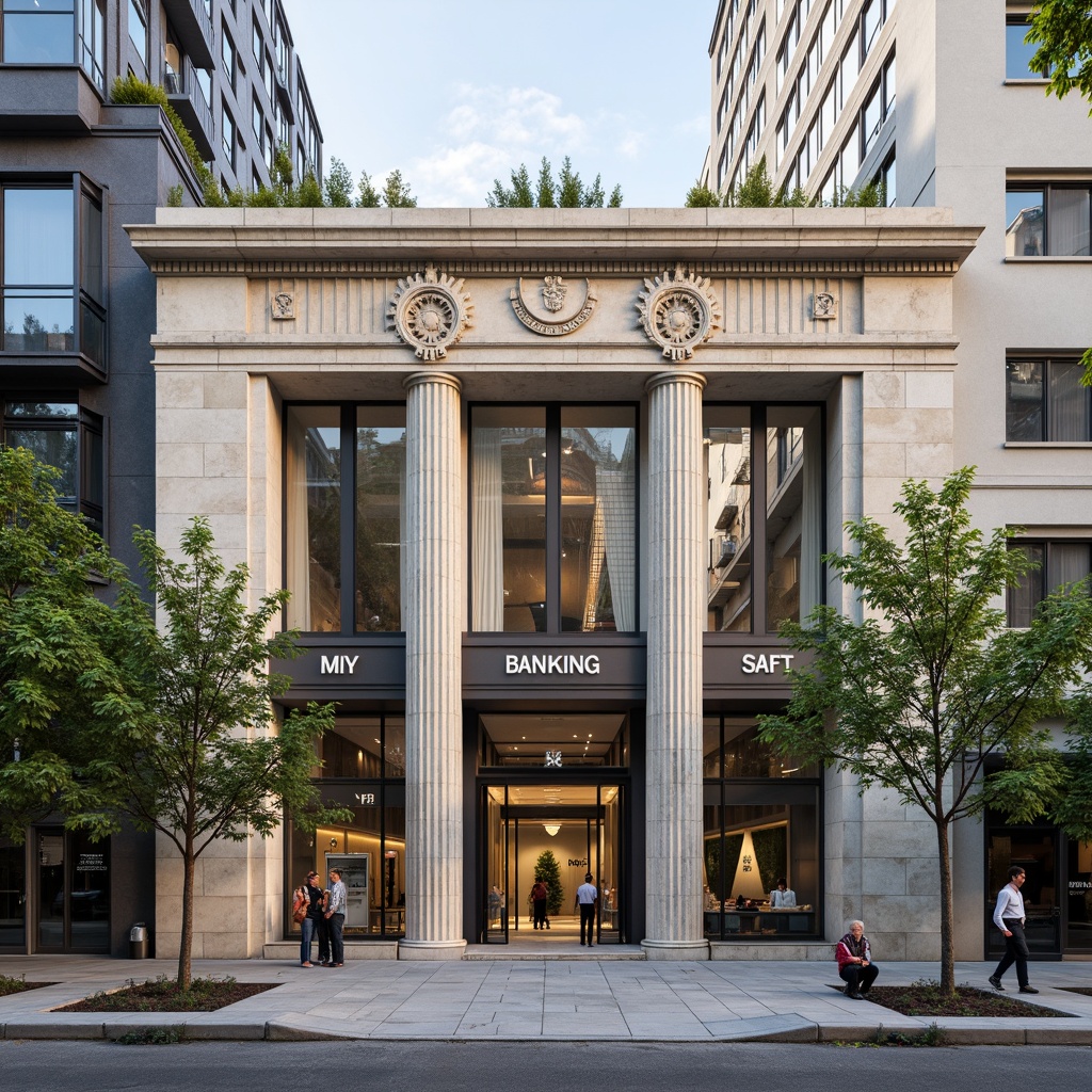 Prompt: Modern banking institution, ornate fa\u00e7ade, intricate stonework, grand entrance, imposing columns, sleek glass doors, metallic accents, minimalist signage, urban cityscape, bustling streets, morning sunlight, soft warm lighting, shallow depth of field, 3/4 composition, realistic textures, ambient occlusion, verdant green roofs, solar panels, rainwater harvesting systems, eco-friendly materials, innovative ventilation technologies, shaded outdoor spaces.