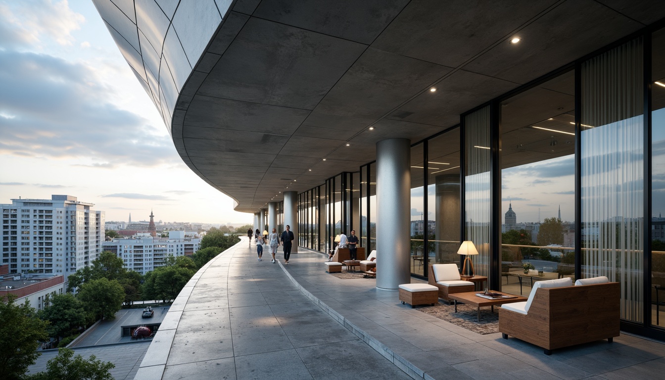 Prompt: Streamlined modern building, curved lines, minimal ornamentation, reflective glass fa\u00e7ade, metallic accents, industrial materials, exposed ductwork, polished concrete floors, sleek wooden furniture, ambient lighting, urban cityscape, cloudy sky, soft natural light, shallow depth of field, 2/3 composition, cinematic view, realistic textures, subtle color palette.