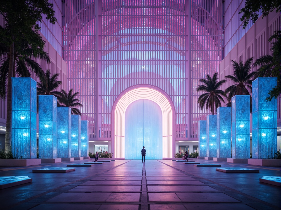 Prompt: Ethereal entrance, iridescent gates, glowing archways, shimmering curtains, diaphanous canopies, luminous pavilions, crystal-like structures, refractive prisms, holographic displays, rainbow-colored mosaics, optical illusions, futuristic architecture, sleek metal frames, minimalist design, ambient lighting, soft warm glow, 1/1 composition, shallow depth of field, panoramic view.