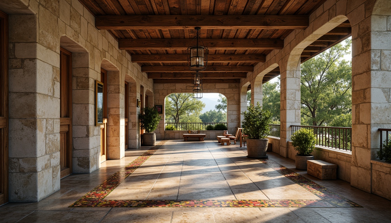 Prompt: Rustic stone walls, weathered wooden planks, rough-hewn granite floors, ornate metal railings, decorative ceramic tiles, vibrant mosaic patterns, intricate stucco details, natural earthy tones, warm ambient lighting, shallow depth of field, 1/1 composition, realistic textures, ambient occlusion.