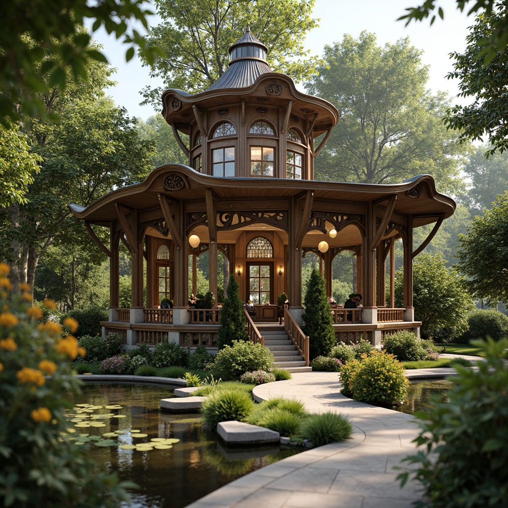 Prompt: Whimsical pavilion, ornate Art Nouveau details, curved lines, organic forms, natural materials, lush greenery, vibrant flowers, winding walkways, tranquil ponds, serene water features, rippling effects, soft warm lighting, shallow depth of field, 3/4 composition, panoramic view, realistic textures, ambient occlusion, intricate ironwork, stained glass windows, grand entrance, imposing columns, ornate facades, elegant arches.