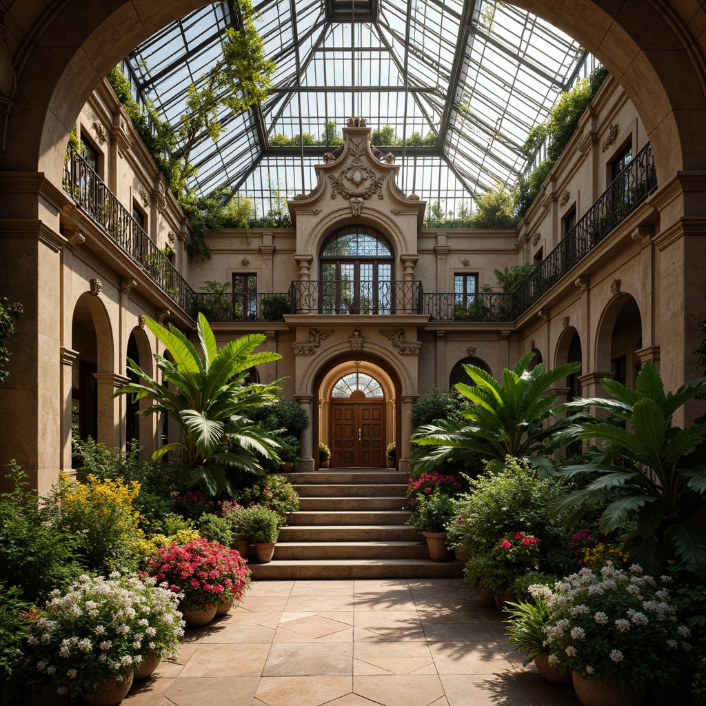 Prompt: Ornate Baroque greenhouse, lush tropical plants, vibrant blooming flowers, intricately carved wooden doors, ornamental metal gates, grand entrance archways, curved staircases, decorative stone facades, arched windows, stained glass ceilings, rustic brick walls, natural light pouring in, warm cozy ambiance, soft warm lighting, 1/1 composition, shallow depth of field, realistic textures, ambient occlusion.