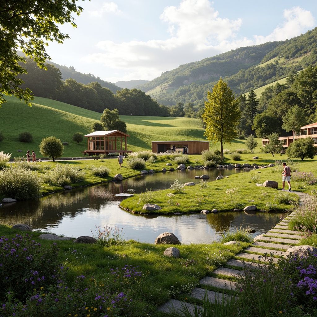 Prompt: Sweeping hills, lush green meadows, serene water features, walking trails, rustic wooden benches, vibrant wildflowers, majestic trees, natural stone walls, modern minimalist architecture, large glass windows, sliding doors, warm soft lighting, shallow depth of field, 3/4 composition, panoramic view, realistic textures, ambient occlusion.