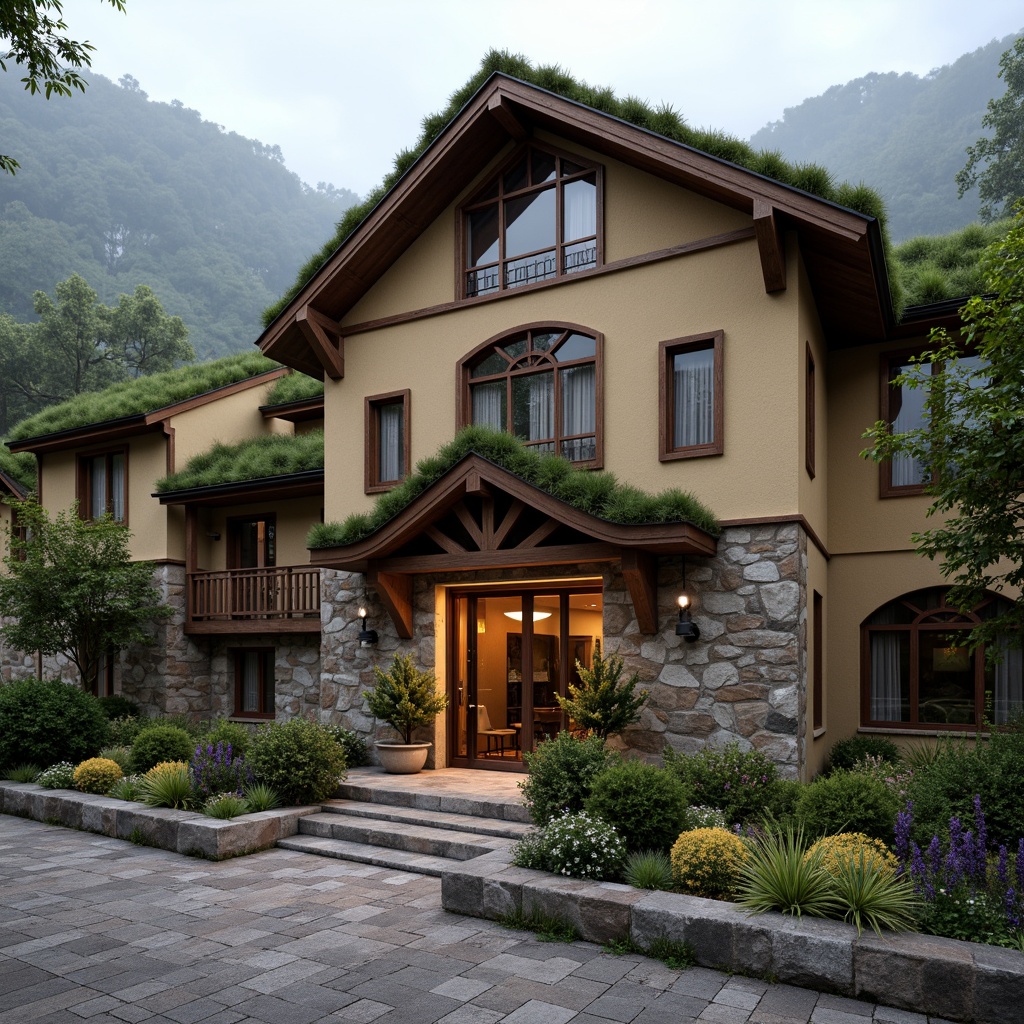 Prompt: Rustic hotel facade, earthy tones, natural stone walls, wooden accents, traditional ornaments, curved lines, regional cultural motifs, lush green roofs, overhanging eaves, ornate doorways, warm lighting, cozy ambiance, scenic village views, rolling hills, misty mornings, soft focus, 1/2 composition, atmospheric perspective, realistic textures.