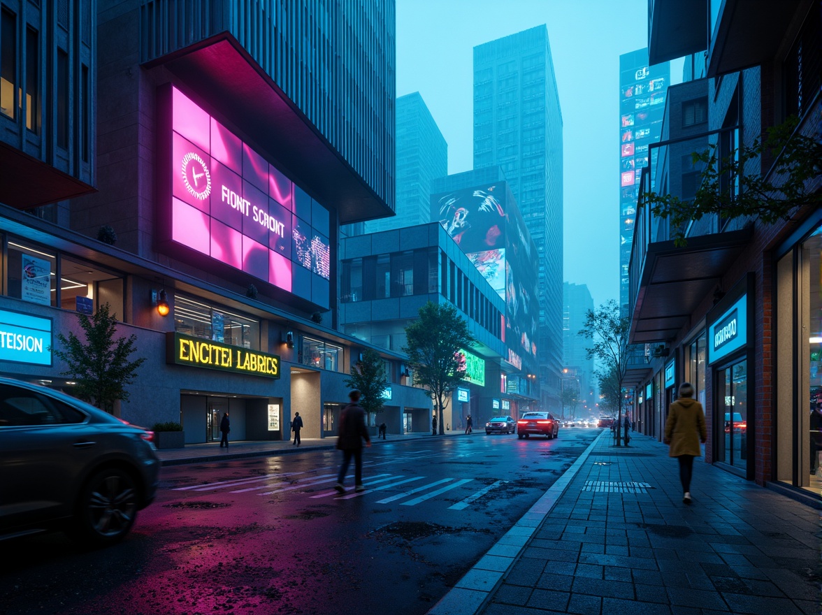 Prompt: Neon-lit cityscape, futuristic skyscrapers, metallic surfaces, holographic displays, cyberpunk accents, electric blue hues, vibrant neon pink, glowing green circuits, dark sleek tones, high-gloss finishes, chrome details, LED lighting, abstract geometric patterns, 3D modeling, low-poly aesthetic, atmospheric fog, dramatic spotlighting, cinematic composition, futuristic typography, digital glitch effects.