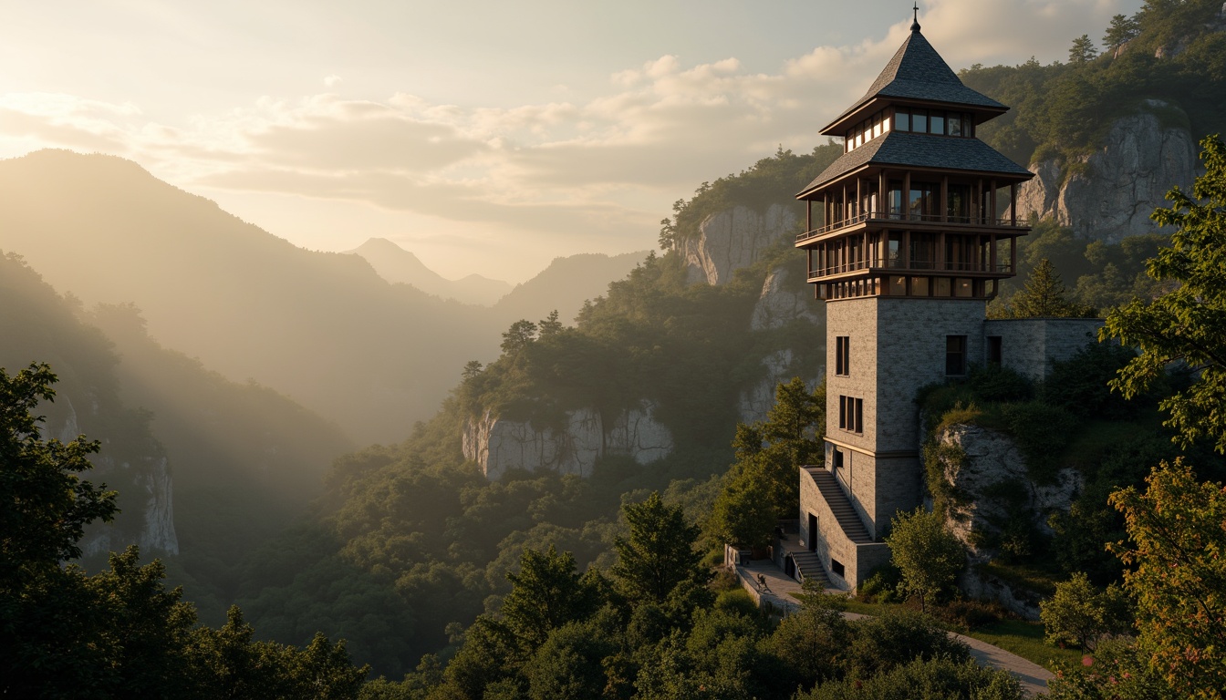 Prompt: Elegant watching tower, slender silhouette, rustic stone walls, wooden accents, verdant foliage, winding stairs, panoramic views, dramatic lighting, misty atmosphere, mystical aura, rugged mountainous terrain, serene forest surroundings, gentle mist, warm golden hour, shallow depth of field, 2/3 composition, cinematic framing, high contrast ratio, realistic textures.