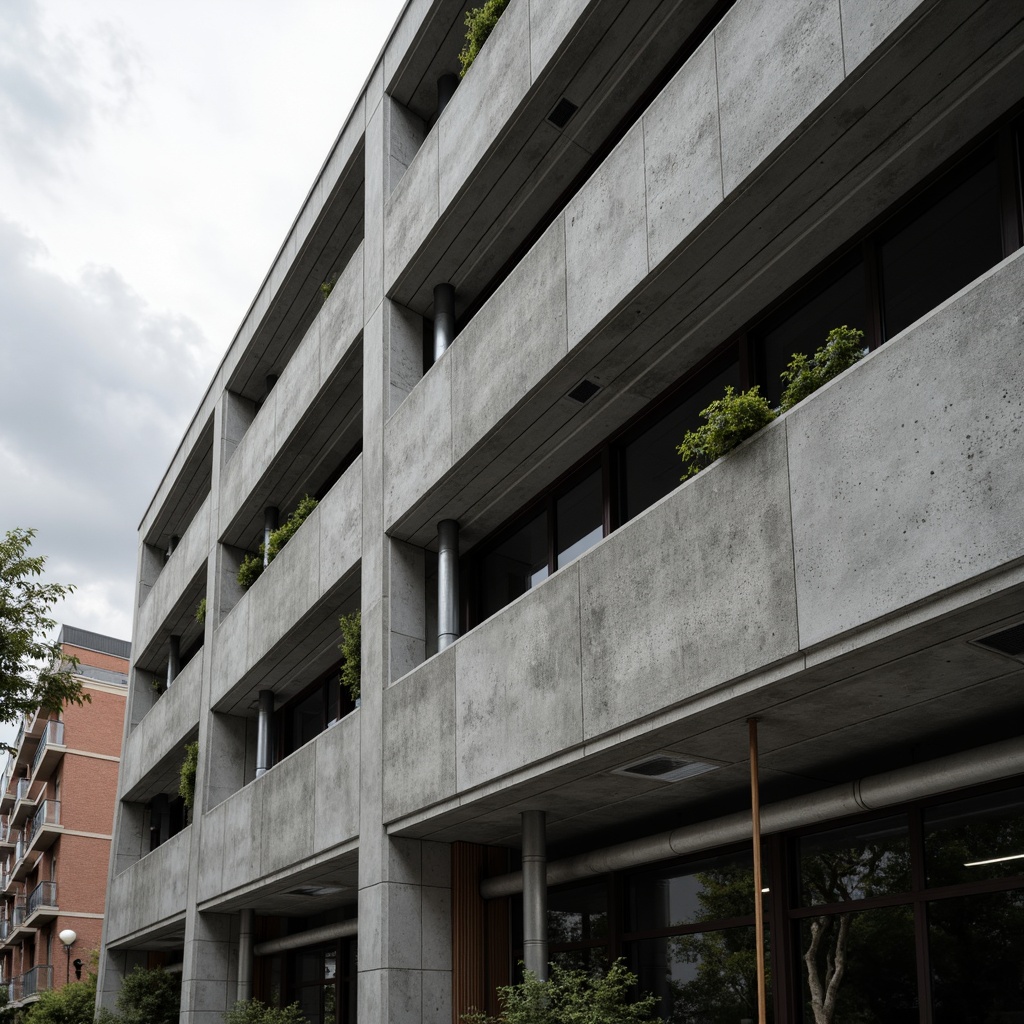 Prompt: Brutalist concrete facade, exposed ductwork, industrial pipes, geometric shapes, raw materials, minimalist ornamentation, clean lines, rectangular forms, urban cityscape, cloudy grey sky, dramatic shadows, high contrast lighting, shallow depth of field, 1/1 composition, realistic textures, ambient occlusion.Please let me know if this meets your requirements or if I need to make any adjustments!