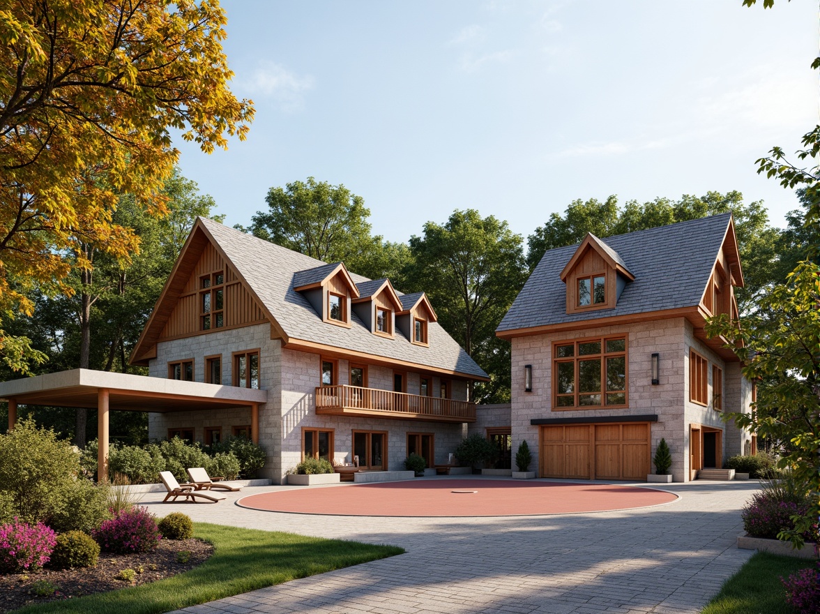 Prompt: Rustic gymnasium facade, regionalism style architecture, earthy tones, natural stone walls, wooden accents, pitched roofs, dormer windows, asymmetrical composition, lush greenery, blooming flowers, athletic track, sports equipment, modern amenities, vibrant color schemes, geometric patterns, textured brickwork, ornate details, soft warm lighting, shallow depth of field, 3/4 composition, realistic textures, ambient occlusion.