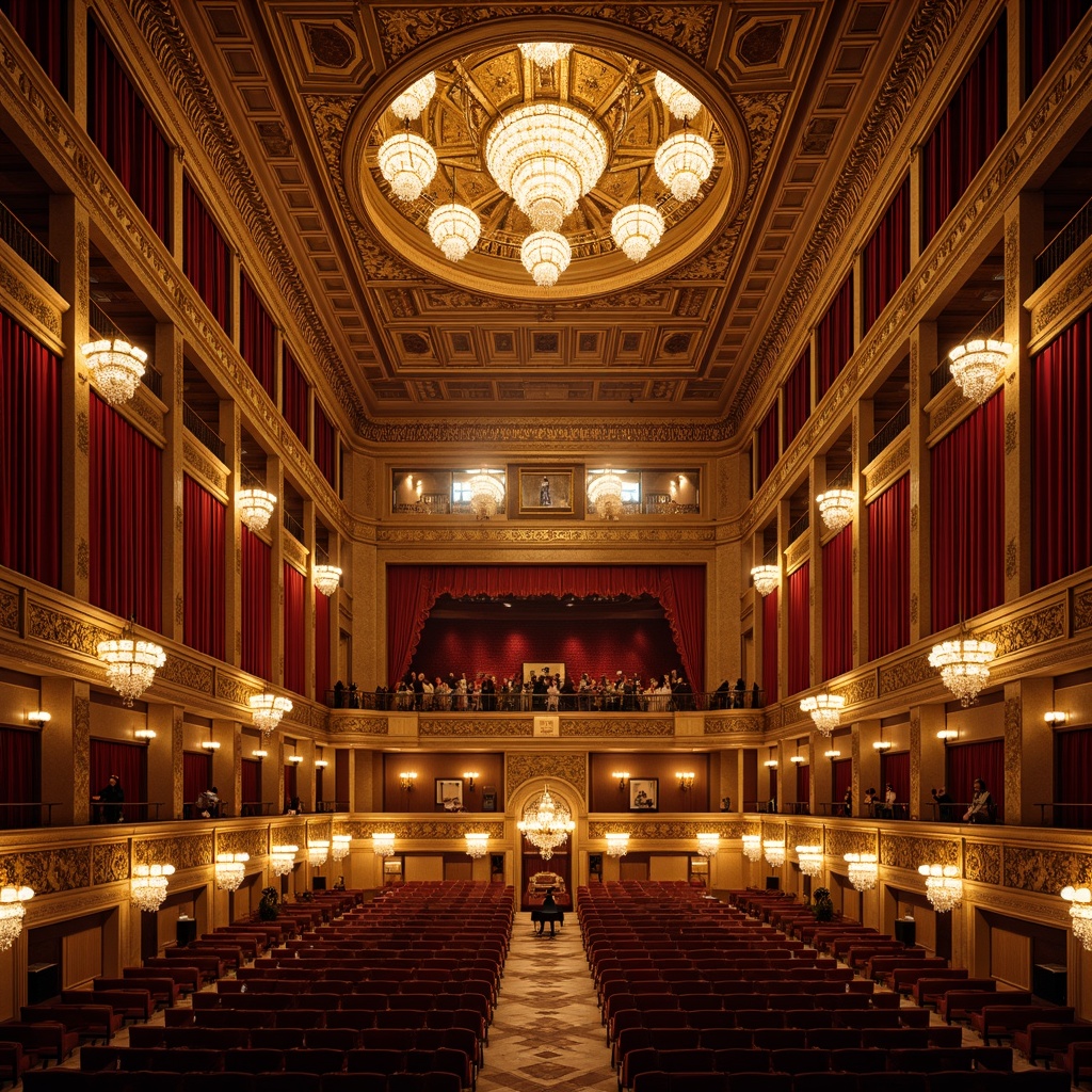 Prompt: Grand concert hall, ornate golden details, rich wood tones, red velvet curtains, crystal chandeliers, intricate moldings, classical columns, arches, domed ceiling, grand piano, acoustic panels, luxurious seating, balcony views, dramatic spotlights, warm ambient lighting, shallow depth of field, 1/2 composition, symmetrical framing, realistic textures, subtle gradient maps.