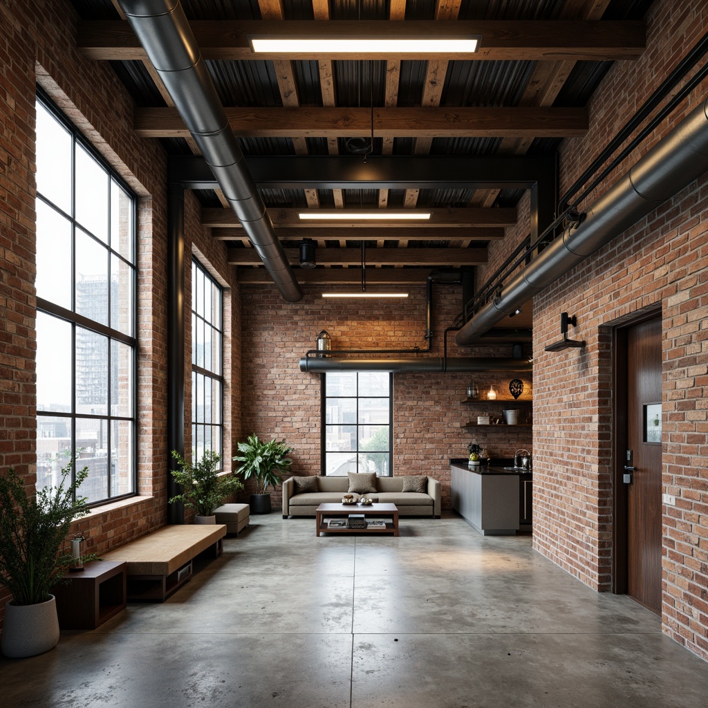 Prompt: Exposed brick walls, metal beams, reclaimed wood accents, industrial-style lighting fixtures, concrete floors, urban loft atmosphere, open floor plans, minimalist decor, functional pipes, distressed finishes, mechanical equipment visible, modern cityscape views, gritty textures, high ceilings, large windows, natural light pouring in, 3/4 composition, shallow depth of field, realistic rendering.