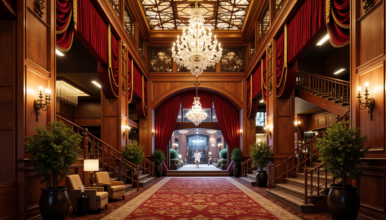 Prompt: Ornate fitness club interior, grandiose chandeliers, rich wood paneling, gilded moldings, intricate carvings, luxurious velvet drapes, crystal sconces, dramatic archways, sweeping staircases, opulent furnishings, lavish decorations, vibrant color scheme, high-contrast lighting, 1/2 composition, shallow depth of field, warm atmospheric glow.