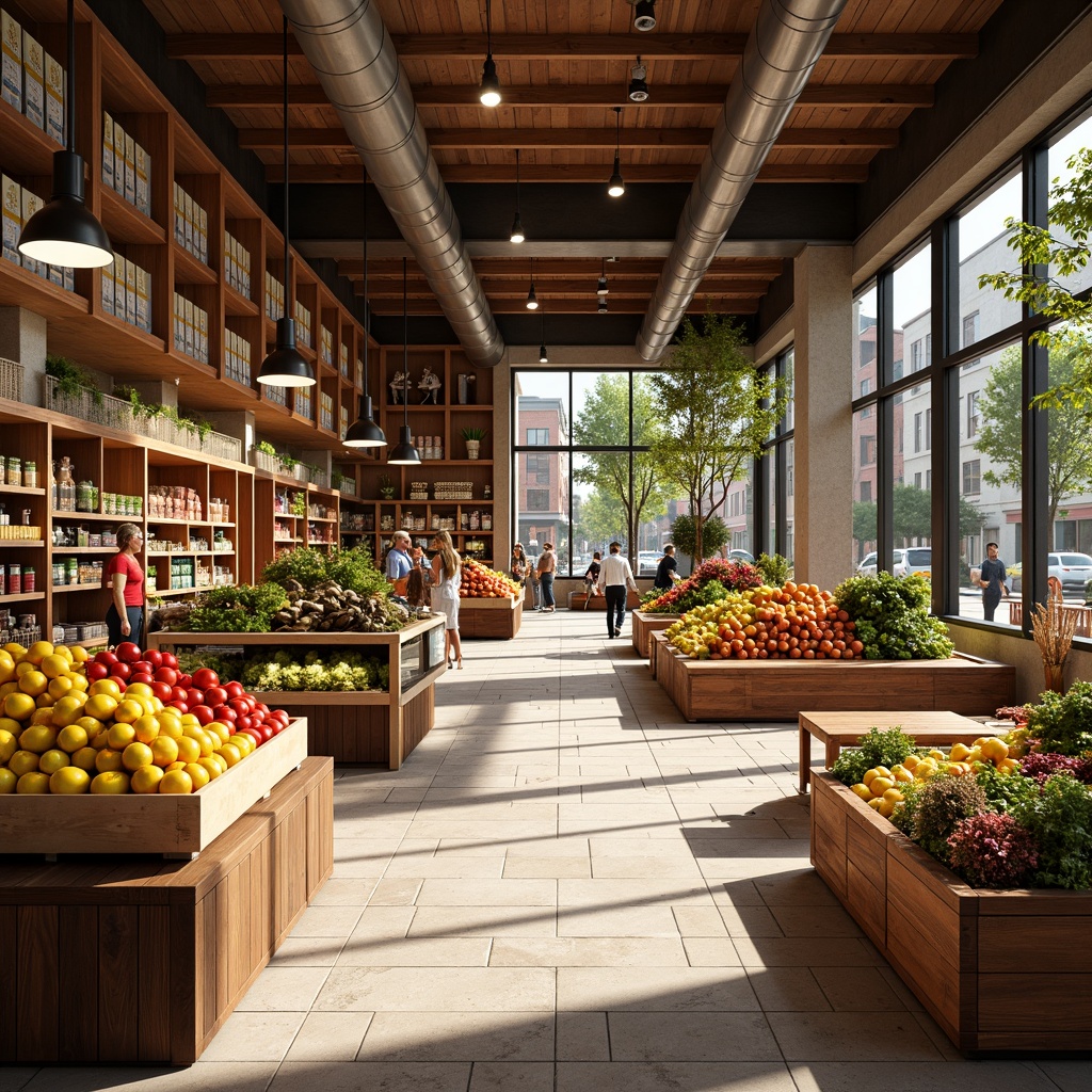 Prompt: Vibrant grocery store interior, warm earthy tones, rich wood accents, fresh produce displays, colorful fruit stands, inviting checkout counters, bright overhead lighting, natural stone flooring, modern minimalist shelving, eco-friendly packaging, lively urban atmosphere, bustling city streets, sunny afternoon light, shallow depth of field, 1/1 composition, realistic textures, ambient occlusion.