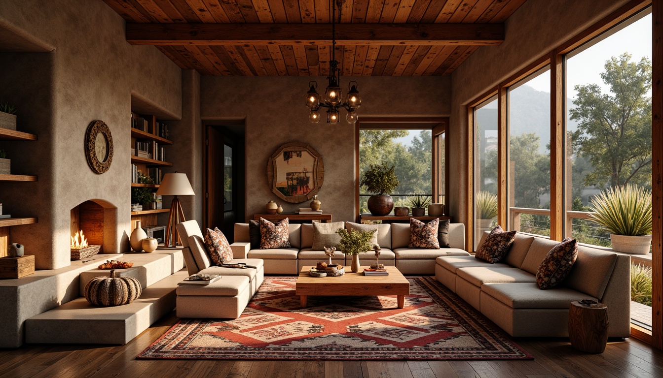 Prompt: Rustic canyon-inspired interior, earthy tones, natural stone walls, wooden accents, reclaimed wood floors, cozy fireplaces, plush furnishings, vibrant Southwestern patterns, woven textiles, Navajo-inspired geometric motifs, warm ambient lighting, soft shadows, shallow depth of field, 2/3 composition, realistic textures, atmospheric fog effects.