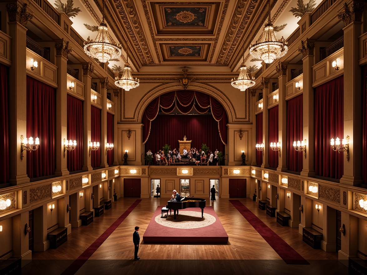 Prompt: Elegant music hall, ornate chandeliers, polished wooden floors, luxurious velvet curtains, grand piano centerpieces, intricate moldings, gilded accents, refined balconies, red carpet aisles, ornamental plaster ceilings, symmetrical architecture, majestic columns, subtle warm lighting, 1/1 composition, intimate performance space, realistic wood textures, ambient occlusion.