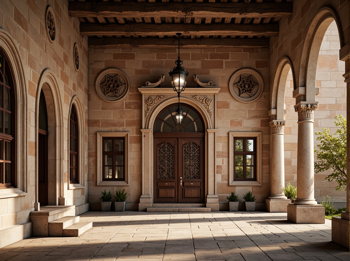 Prompt: Rustic school building, Romanesque style facade, arched windows, ornate stone carvings, weathered brick walls, grand entrance doors, decorative columns, vaulted ceilings, natural stone flooring, warm earthy tones, soft afternoon lighting, shallow depth of field, 1/1 composition, symmetrical framing, realistic textures, ambient occlusion.