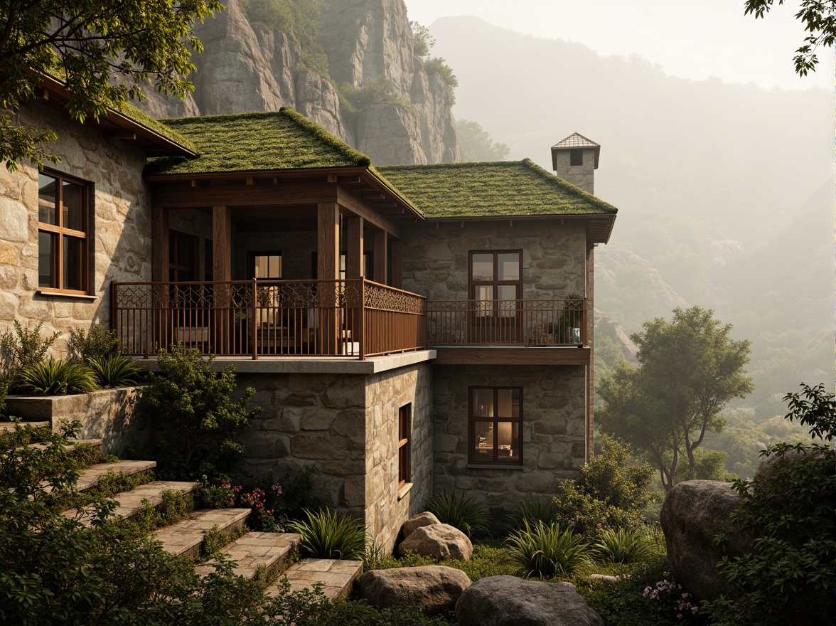 Prompt: Rustic stone walls, ornate metal railings, verdant green roofs, weathered wooden accents, asymmetrical window arrangements, intricate stonework patterns, earthy color palette, natural rock formations, rugged landscape surroundings, misty atmospheric conditions, warm golden lighting, shallow depth of field, 1/2 composition, realistic textures, ambient occlusion.