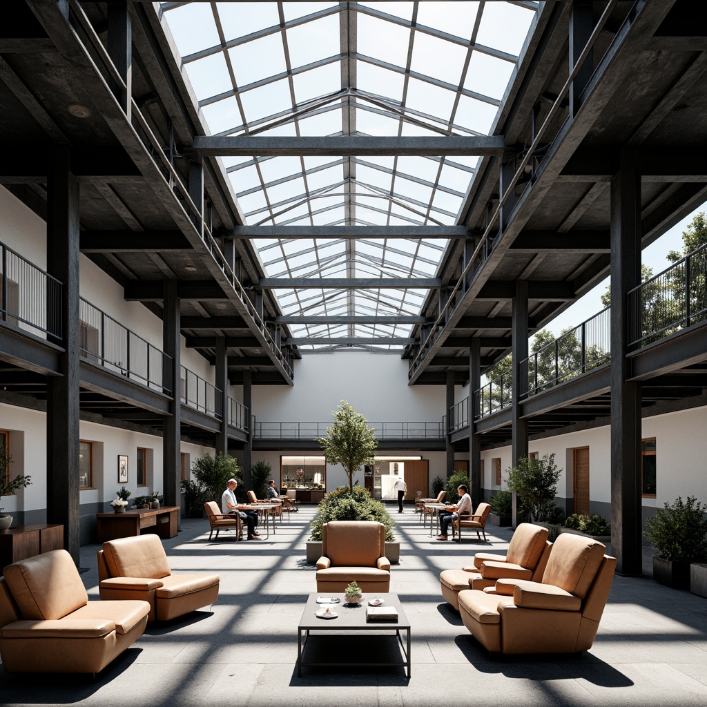 Prompt: Industrial-era factory building, functionalist architecture, clean lines, rectangular forms, minimal ornamentation, steel frame structures, large windows, glass roofs, open floor plans, collaborative workspaces, modernist furniture, leather armchairs, metal desks, geometric patterns, monochromatic color schemes, natural lighting, soft shadows, 1/1 composition, symmetrical framing, realistic textures, ambient occlusion.