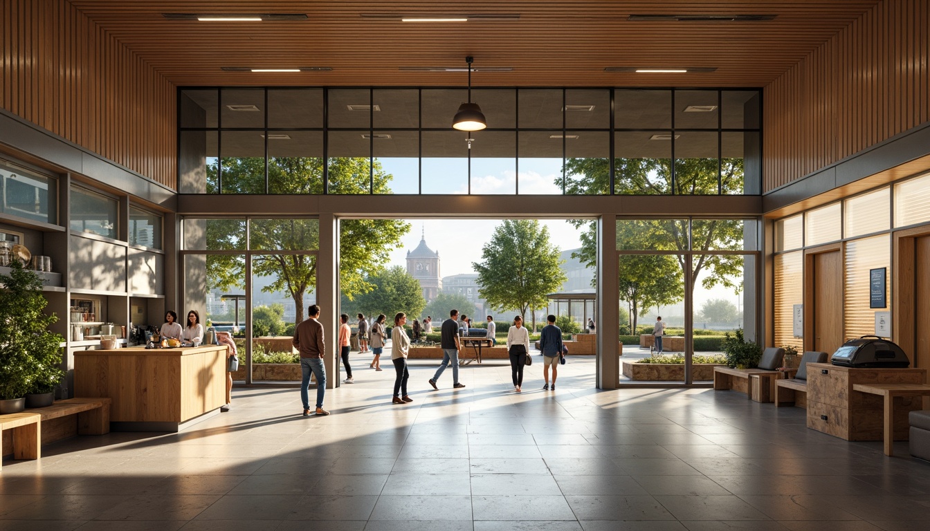 Prompt: Welcoming visitor center, natural stone exterior, large glass windows, sliding doors, open-plan interior, high ceiling, wooden accents, interactive exhibits, digital displays, educational signage, comfortable seating areas, refreshment stations, modern minimalist decor, abundant natural light, soft warm lighting, shallow depth of field, 3/4 composition, panoramic view, realistic textures, ambient occlusion.