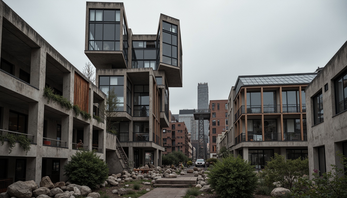 Prompt: Deconstructed buildings, irregular shapes, fragmented forms, exposed concrete walls, rusty metal beams, distressed wood planks, shattered glass facades, abstract sculptures, brutalist columns, urban landscape, cityscape, gloomy atmosphere, overcast sky, dramatic shadows, high contrast lighting, 1/2 composition, close-up shot, realistic rendering, advanced normal mapping.