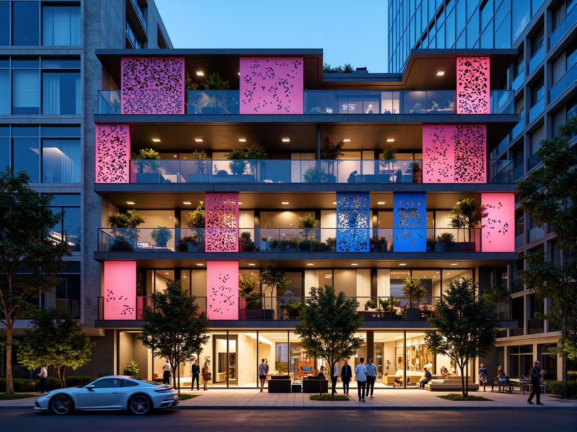 Prompt: Vibrant residential facade, bold geometric patterns, perforated metal screens, cantilevered balconies, suspended planters, green walls, LED lighting installations, urban contextualism, modernist inspirations, abstract compositional forms, irregular shapes, fragmented structures, experimental materials, translucent glass panels, reflective aluminum cladding, dynamic shadows, dramatic nighttime illumination, 1/1 composition, shallow depth of field, atmospheric perspective.