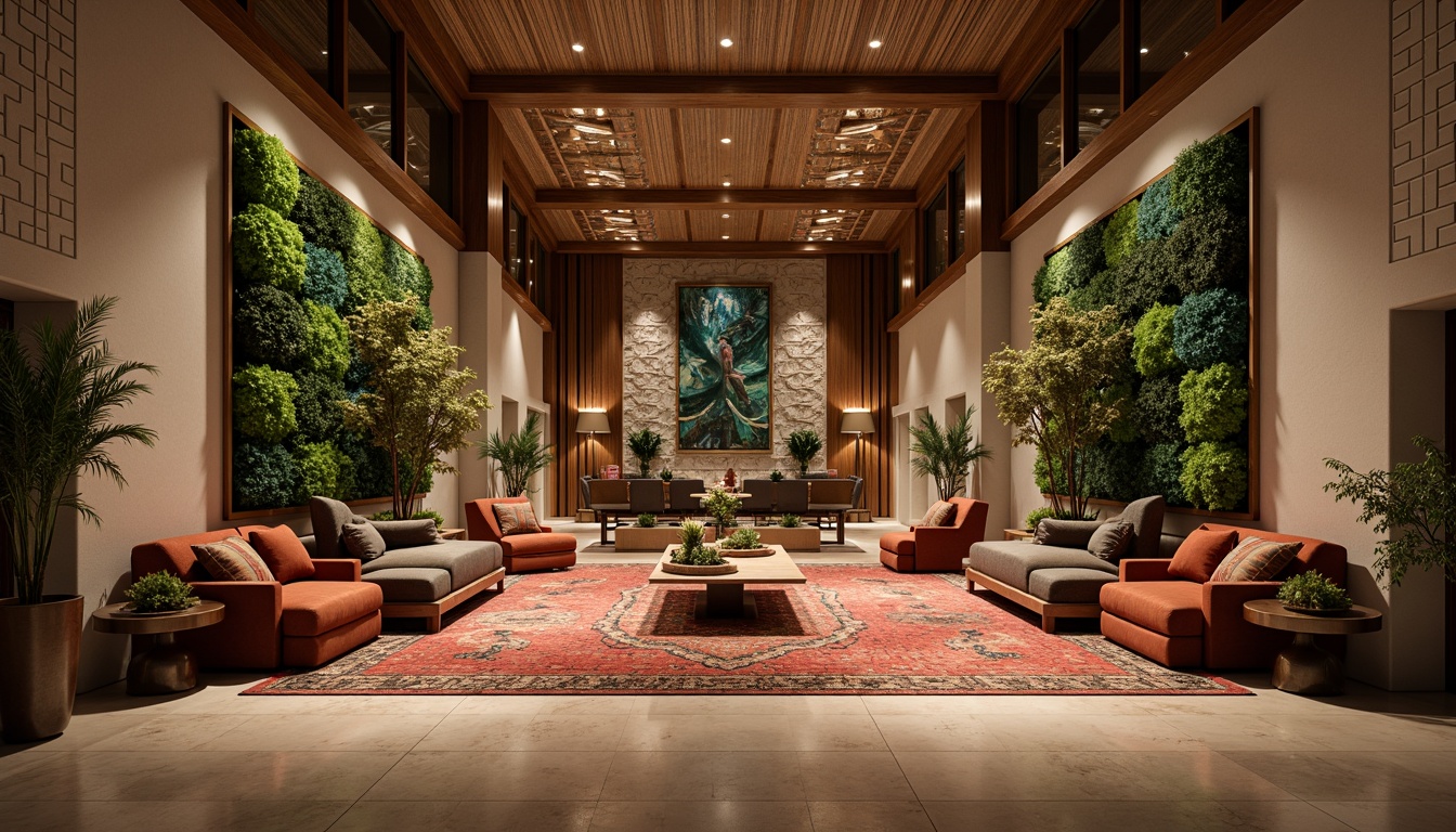 Prompt: Luxurious hotel lobby, richly patterned rugs, smooth marble floors, wooden accents, velvety sofas, metallic fixtures, ambient lighting, warm color palette, inviting atmosphere, natural stone walls, greenery installations, geometric ceiling designs, 3D wall panels, soft focus blur, shallow depth of field, 2/3 composition, realistic textures, subtle shadows.