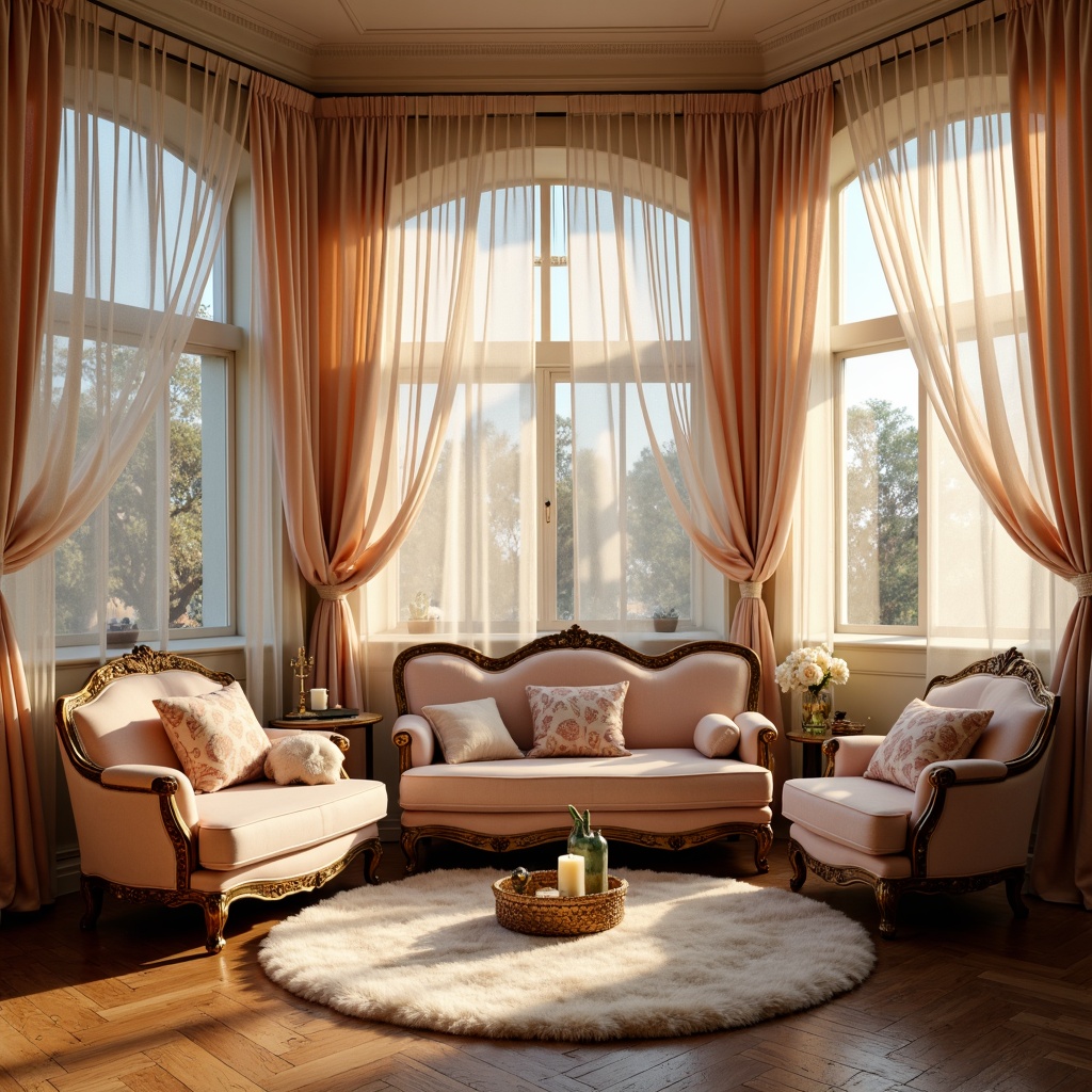 Prompt: Whimsical boudoir, soft pastel hues, flowing silk drapes, ornate gold accents, delicate lace curtains, romantic candlelight, plush velvet sofas, intricately carved wooden frames, sheer tulle fabrics, billowy gathered drapery, natural linen textures, warm golden lighting, shallow depth of field, 1/2 composition, intimate atmosphere, realistic fabric folds.