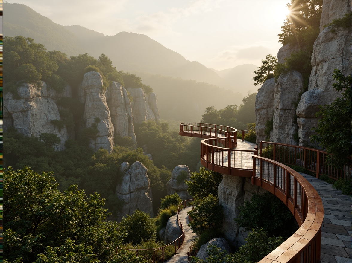 Prompt: Panoramic viewing platform, majestic watchtower, rugged mountainous terrain, lush green forests, winding stone paths, natural rock formations, weathered wooden accents, steel cable railings, elevated scenic overlooks, misty foggy mornings, warm golden sunlight, soft ambient lighting, atmospheric perspective, 1/2 composition, realistic rocky textures, subtle environmental details.