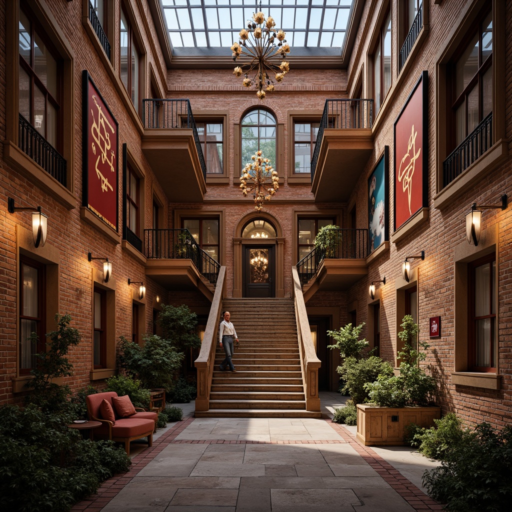 Prompt: Rustic brick walls, ornate wooden panels, richly colored tapestries, grandiose chandeliers, high ceilings, spacious atriums, elegant staircases, refined metal railings, intricate stone carvings, warm earthy tones, soft diffused lighting, shallow depth of field, 1/1 composition, realistic textures, ambient occlusion, modern academic atmosphere, sophisticated interior design.