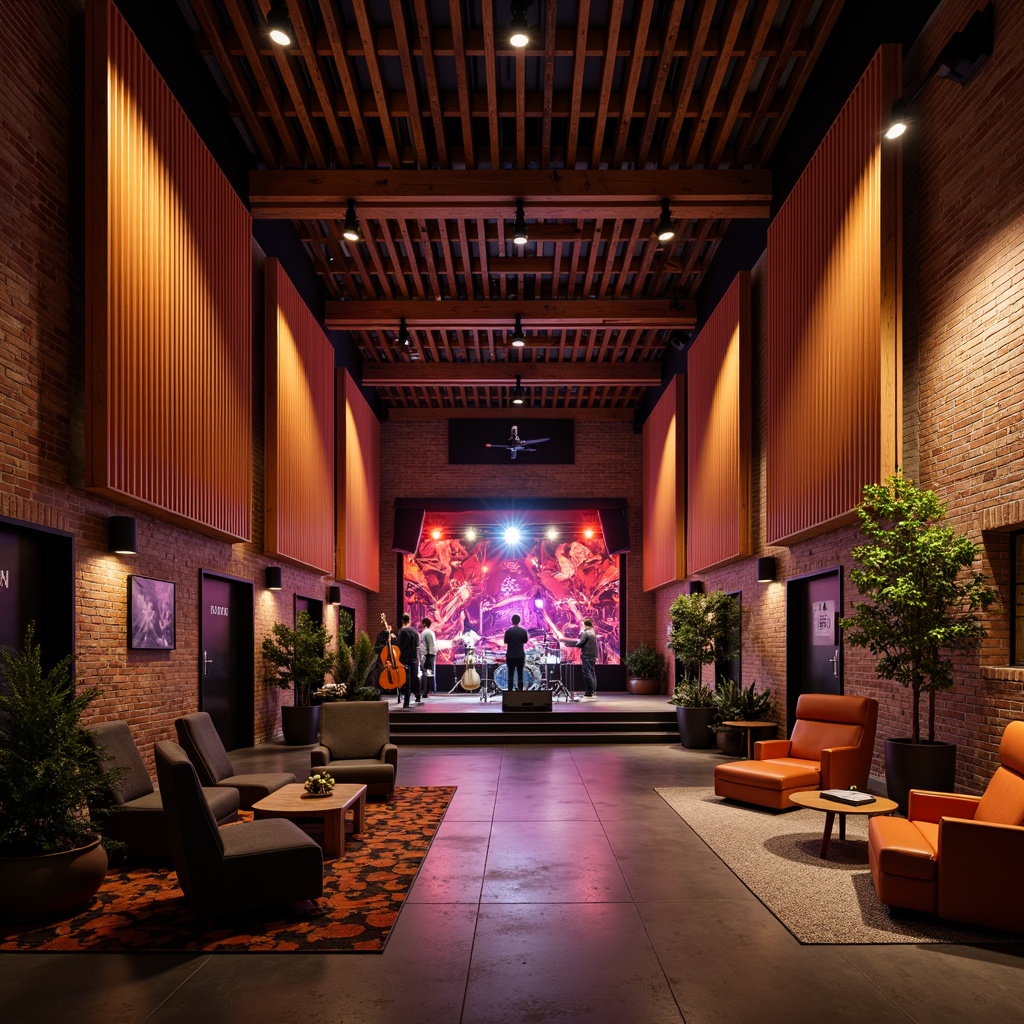 Prompt: Intimate live music venue, warm wood accents, sound-absorbing panels, diffused lighting, raised stage, professional audio equipment, comfortable seating areas, vibrant color schemes, urban loft atmosphere, exposed brick walls, polished concrete floors, dimmable LED lights, 1/2 composition, shallow depth of field, realistic textures, ambient occlusion.