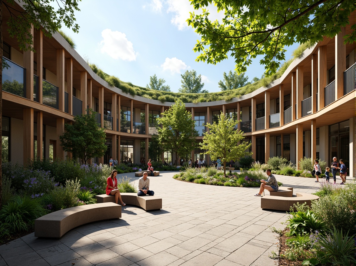 Prompt: Curved student hall, organic architecture, lush green roofs, verdant walls, natural stone fa\u00e7ades, wooden accents, earthy tones, vibrant flowers, overflowing planters, winding pathways, shaded outdoor spaces, misting systems, warm sunny day, soft warm lighting, shallow depth of field, 3/4 composition, panoramic view, realistic textures, ambient occlusion, serene atmosphere, communal seating areas, educational signs, modern amenities.