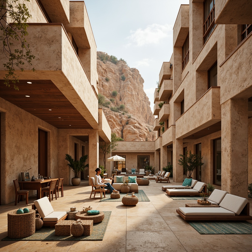 Prompt: Canyon architecture, natural stone walls, rugged terrain, vast open spaces, warm beige color palette, earthy tones, wooden accents, modern minimalist design, floor-to-ceiling windows, clerestory windows, skylights, soft diffused lighting, warm golden hour, low-key lighting, subtle shadows, organic textures, natural fabrics, woven baskets, handcrafted furniture, Southwestern-inspired patterns, vibrant turquoise accents, panoramic views, dramatic depth of field, 1/2 composition.