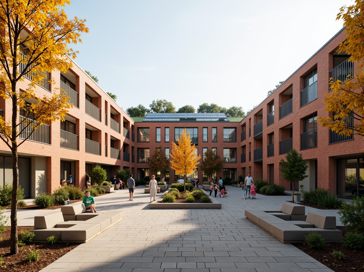 Prompt: Vibrant community center, social housing units, warm earthy tones, textured brick facade, large windows, metal balconies, green roofs, solar panels, outdoor recreational spaces, playground equipment, public art installations, pedestrian-friendly walkways, landscaped courtyards, natural stone benches, modern minimalist design, geometric patterns, soft warm lighting, shallow depth of field, 3/4 composition, panoramic view, realistic textures, ambient occlusion.